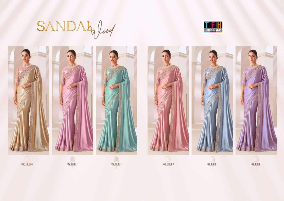 Sandal Wood 1303 Hit Colour Tfh Satin Sarees Manufacturer Ahmedabad