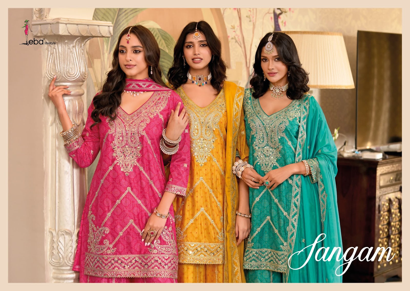 Sangam Eba Lifestyle Chinon Readymade Plazzo Style Suits Wholesaler Gujarat