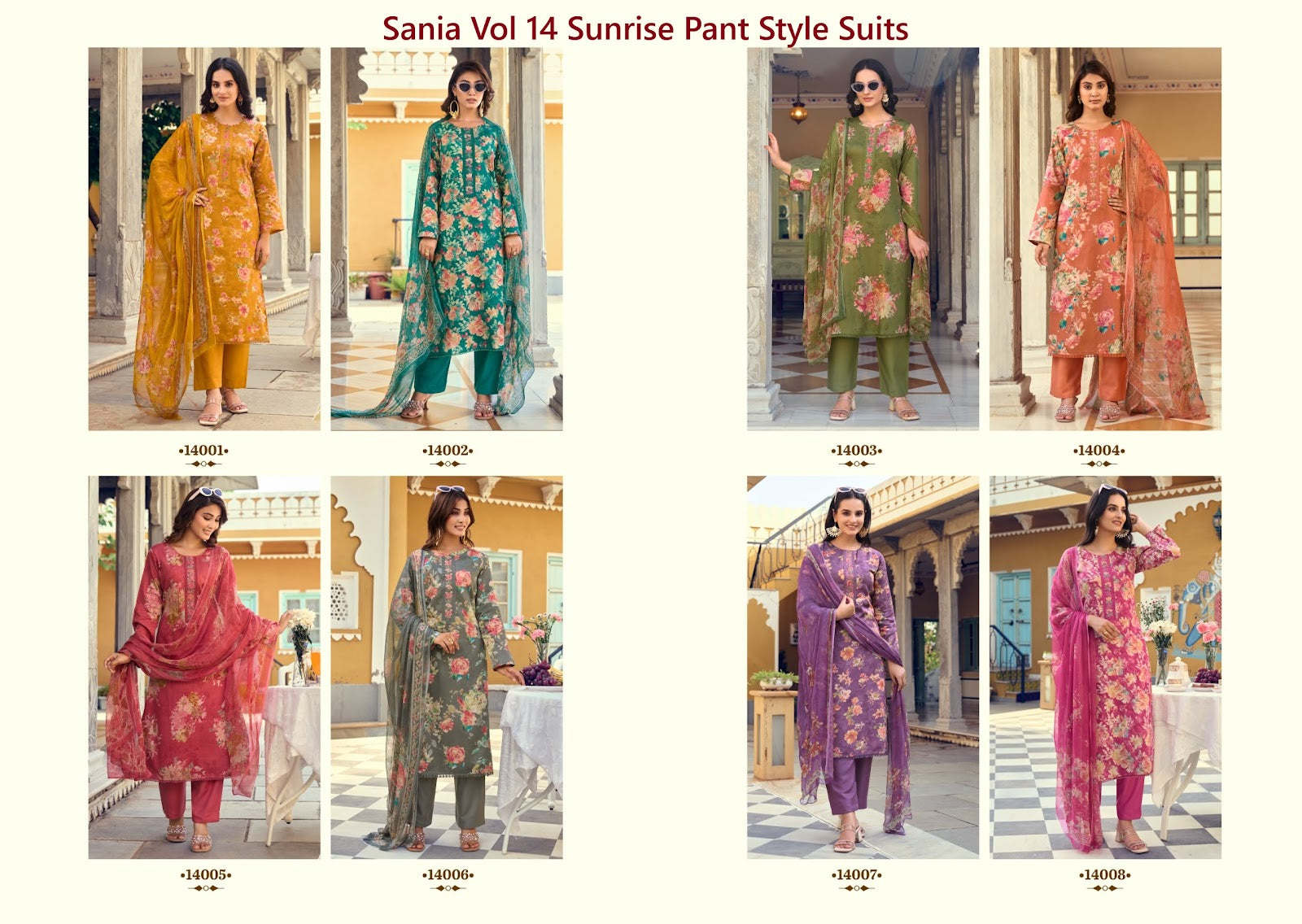 Sania Vol 14 Sunrise Jam Satin Pant Style Suits Wholesale Price