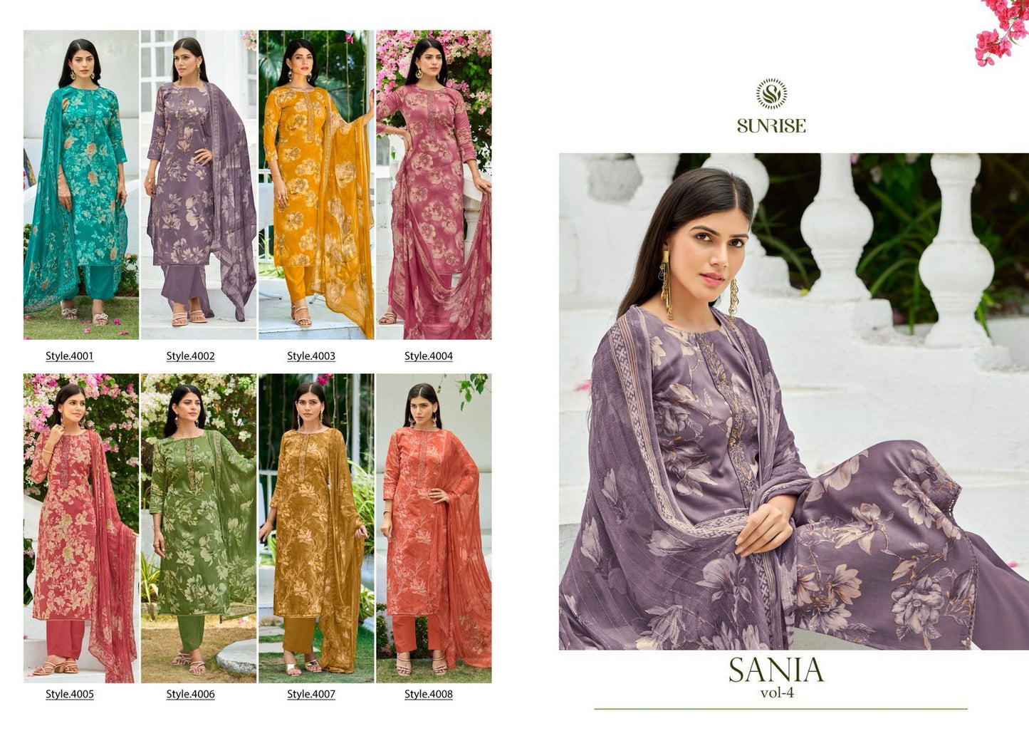 Sania Vol 4 Sunrise Jam Satin Pant Style Suits Wholesale