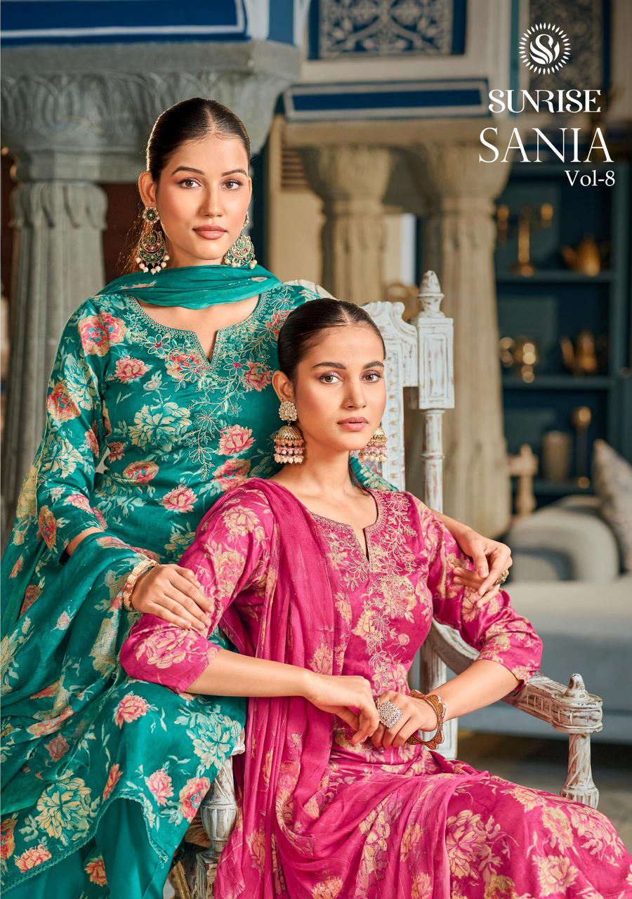 Sania Vol 8 Sunrise Jam Satin Pant Style Suits Exporter Ahmedabad