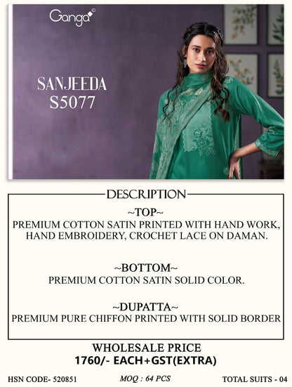 Sanjeeda S5077 Ganga Cotton Satin Pant Style Suits Manufacturer Ahmedabad