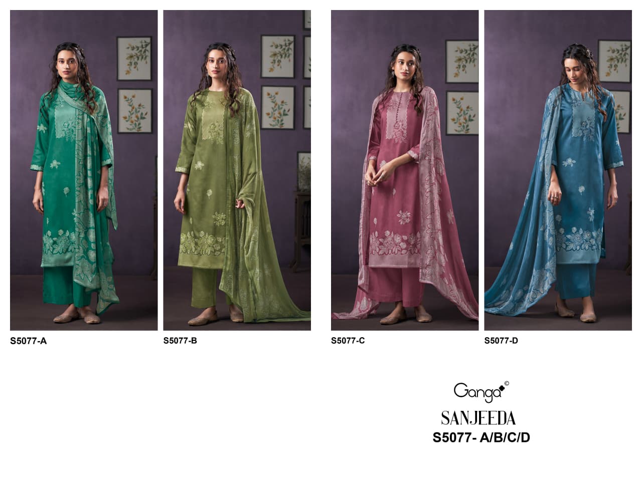 Sanjeeda S5077 Ganga Cotton Satin Pant Style Suits Manufacturer Ahmedabad