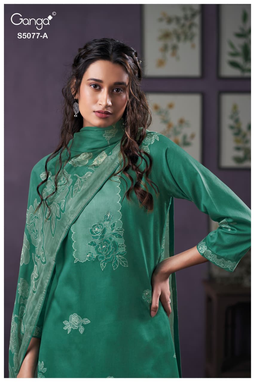 Sanjeeda S5077 Ganga Cotton Satin Pant Style Suits Manufacturer Ahmedabad