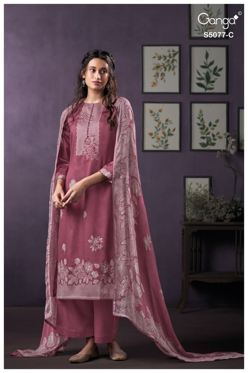 Sanjeeda S5077 Ganga Cotton Satin Pant Style Suits Manufacturer Ahmedabad