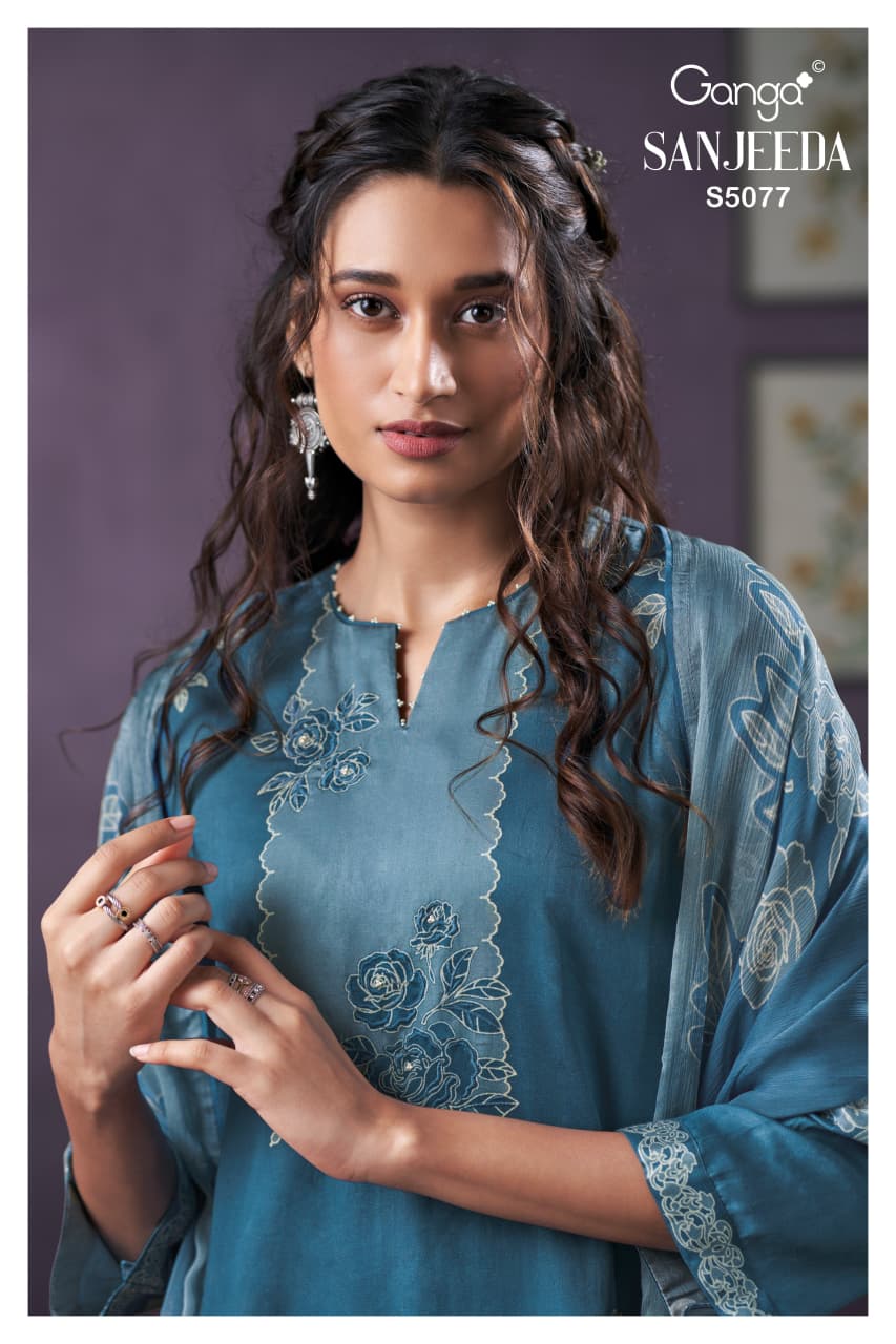 Sanjeeda S5077 Ganga Cotton Satin Pant Style Suits Manufacturer Ahmedabad