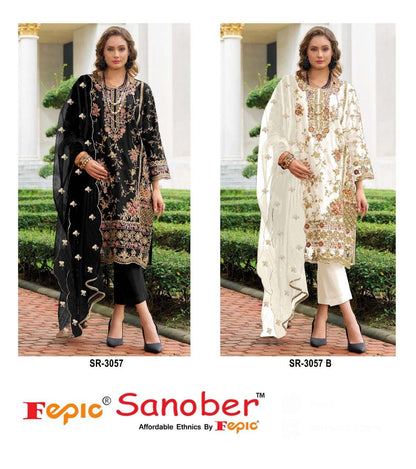 Sanober Sr 3057 Black-White Fepic Organza Pakistani Readymade Suits Exporter India