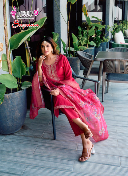 Sapana Vol 1 Mystic 9 Roman Silk Readymade Pant Style Suits Supplier Ahmedabad