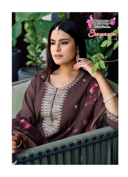 Sapana Vol 1 Mystic 9 Roman Silk Readymade Pant Style Suits Supplier Ahmedabad