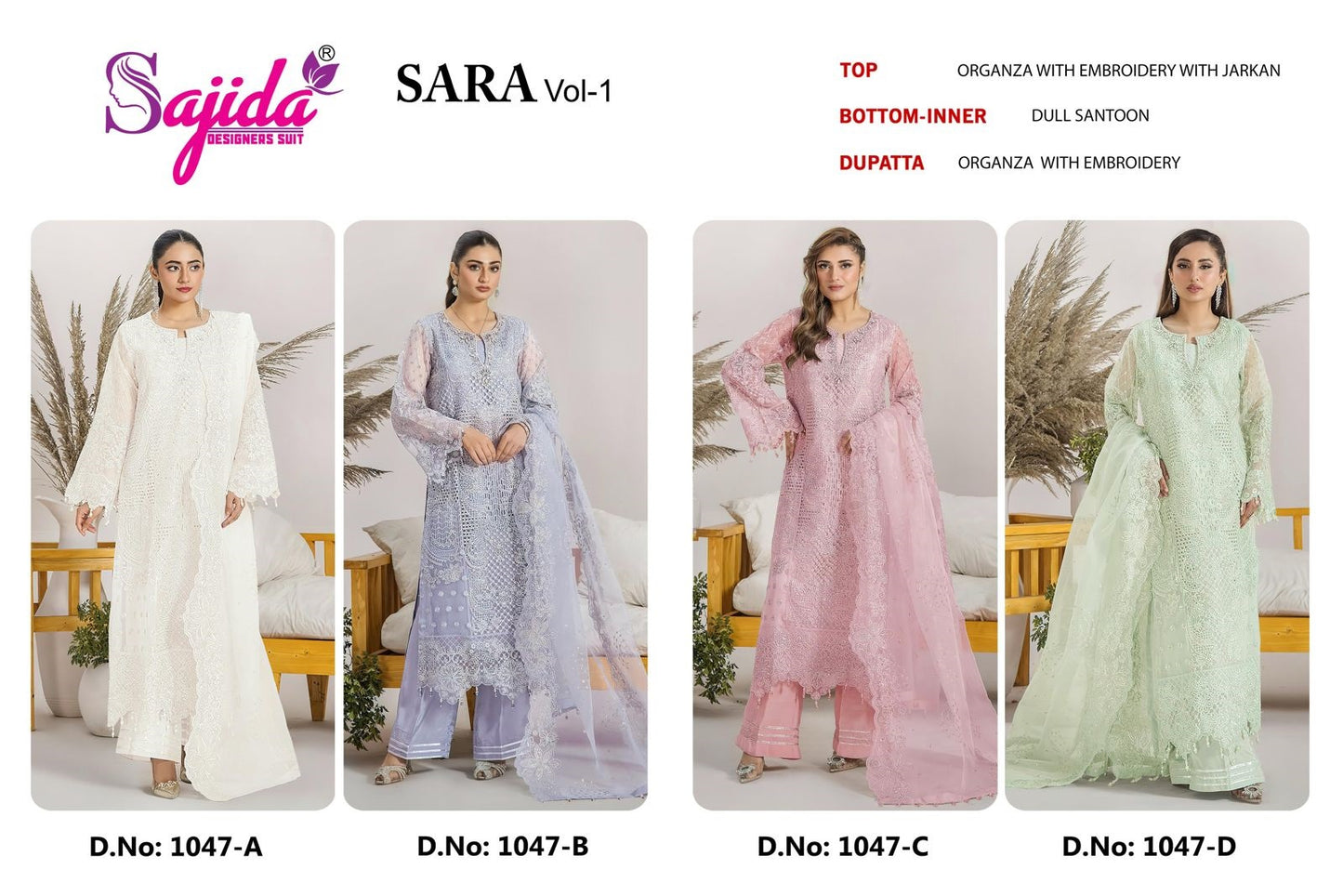 1047 Sara Vol 1 Sajida Organza Pakistani Salwar Suits Manufacturer India