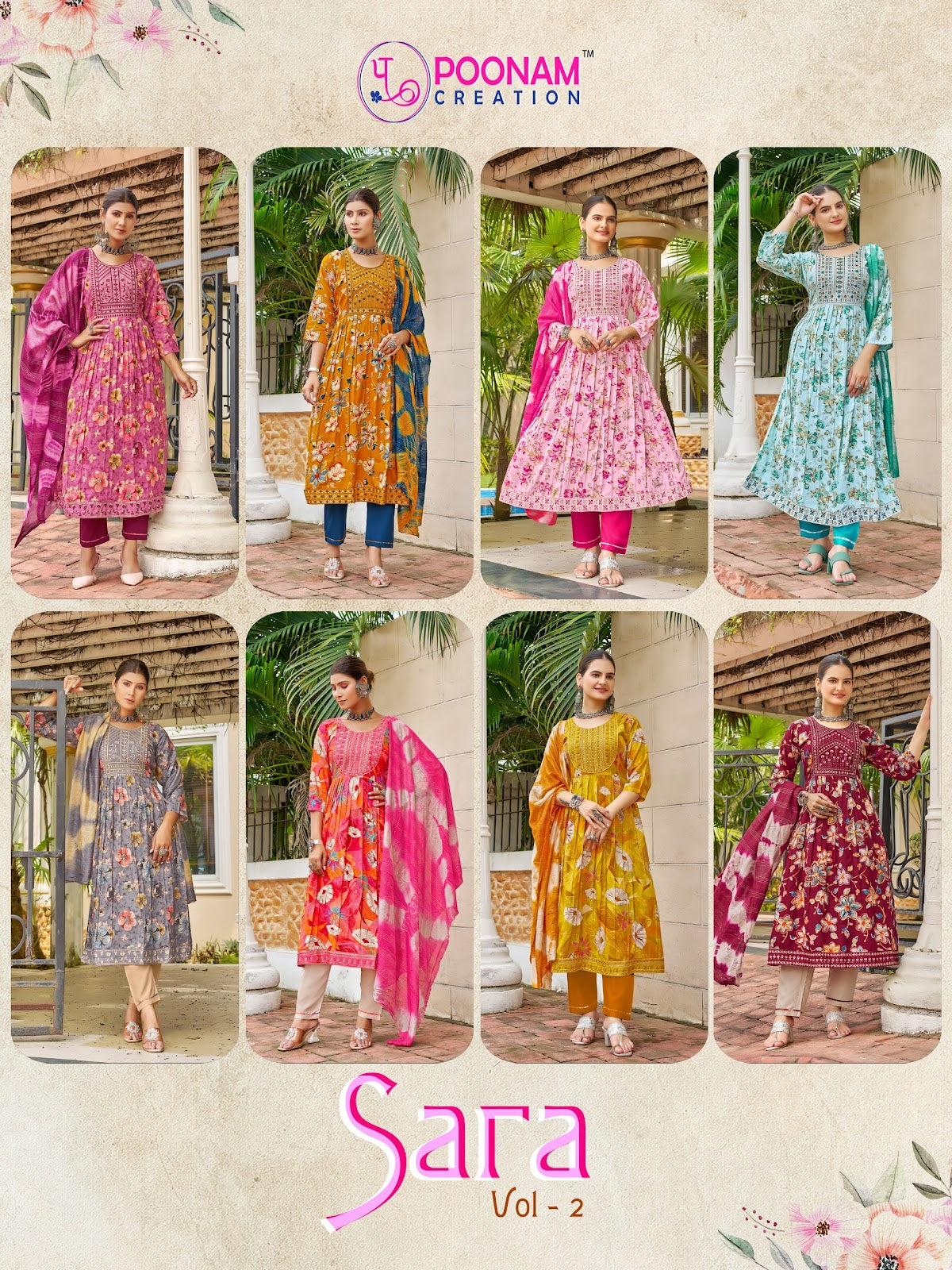 Sara Vol 2 Poonam Creation Reyon Readymade Anarkali Suits Wholesaler Ahmedabad