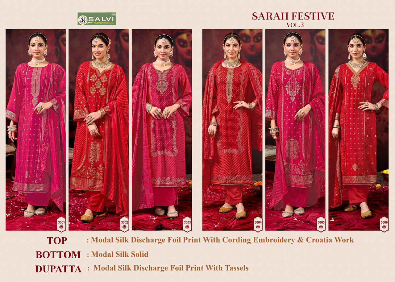 Sarah Festive Vol 3 Salvi Fashion Modal Silk Pant Style Suits Wholesaler Ahmedabad