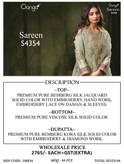 Sareen S4354 Ganga Bemberg Silk Pant Style Suits Wholesaler