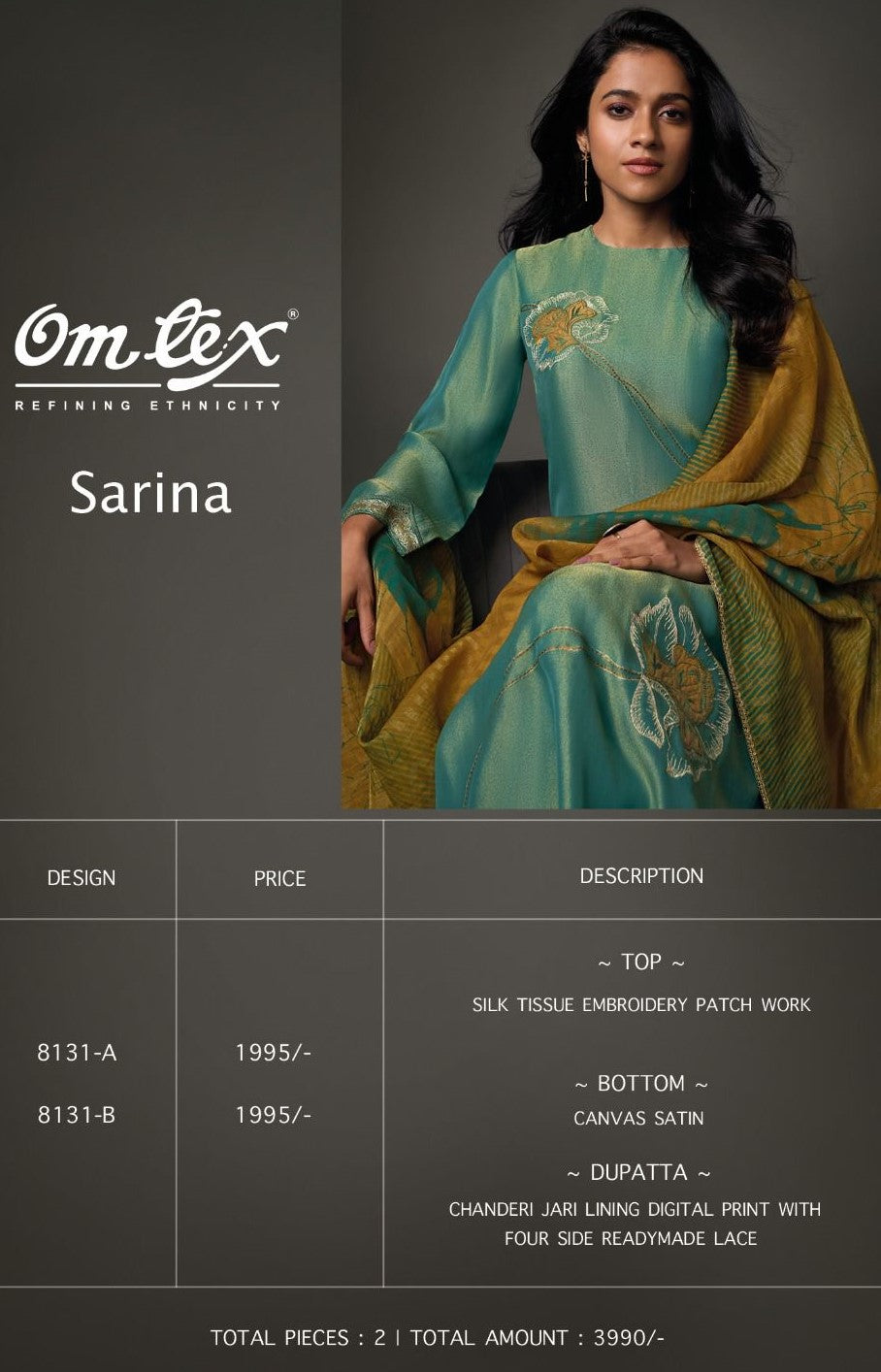 Sarina Omtex Tissue Silk Pant Style Suits Manufacturer Ahmedabad