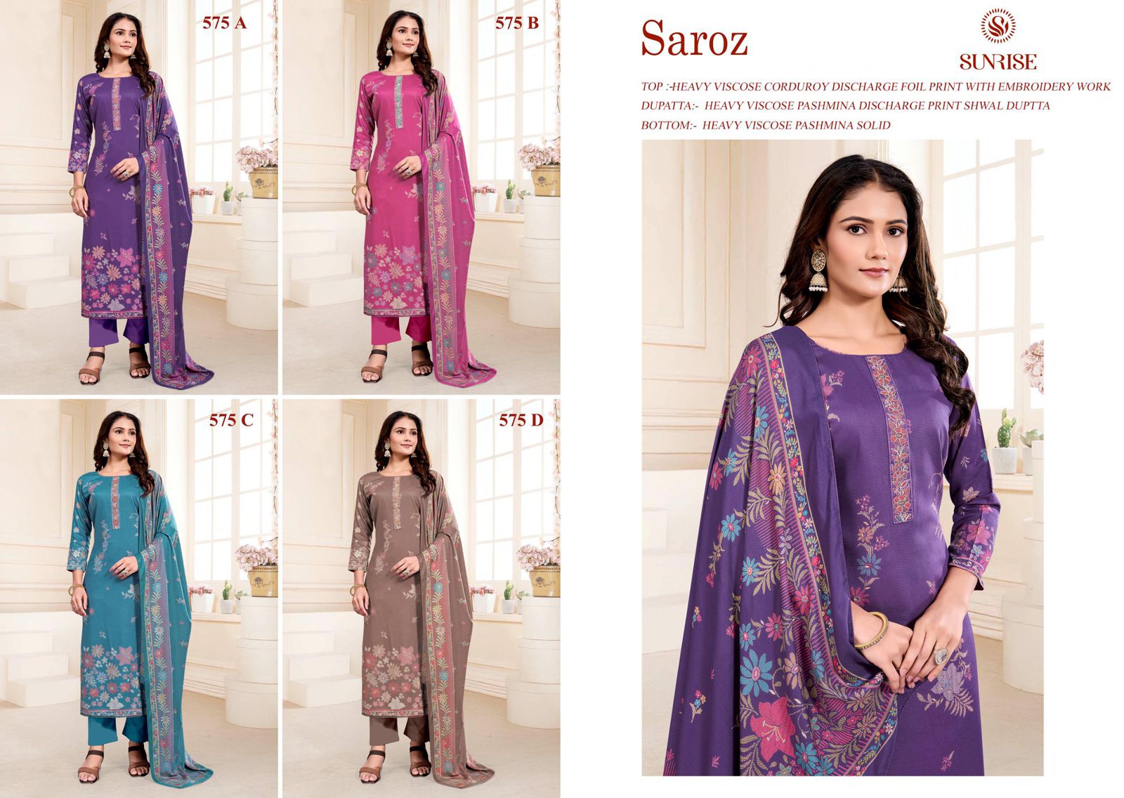 Saroz Sunrise Viscose Pashmina Suits Wholesaler Gujarat