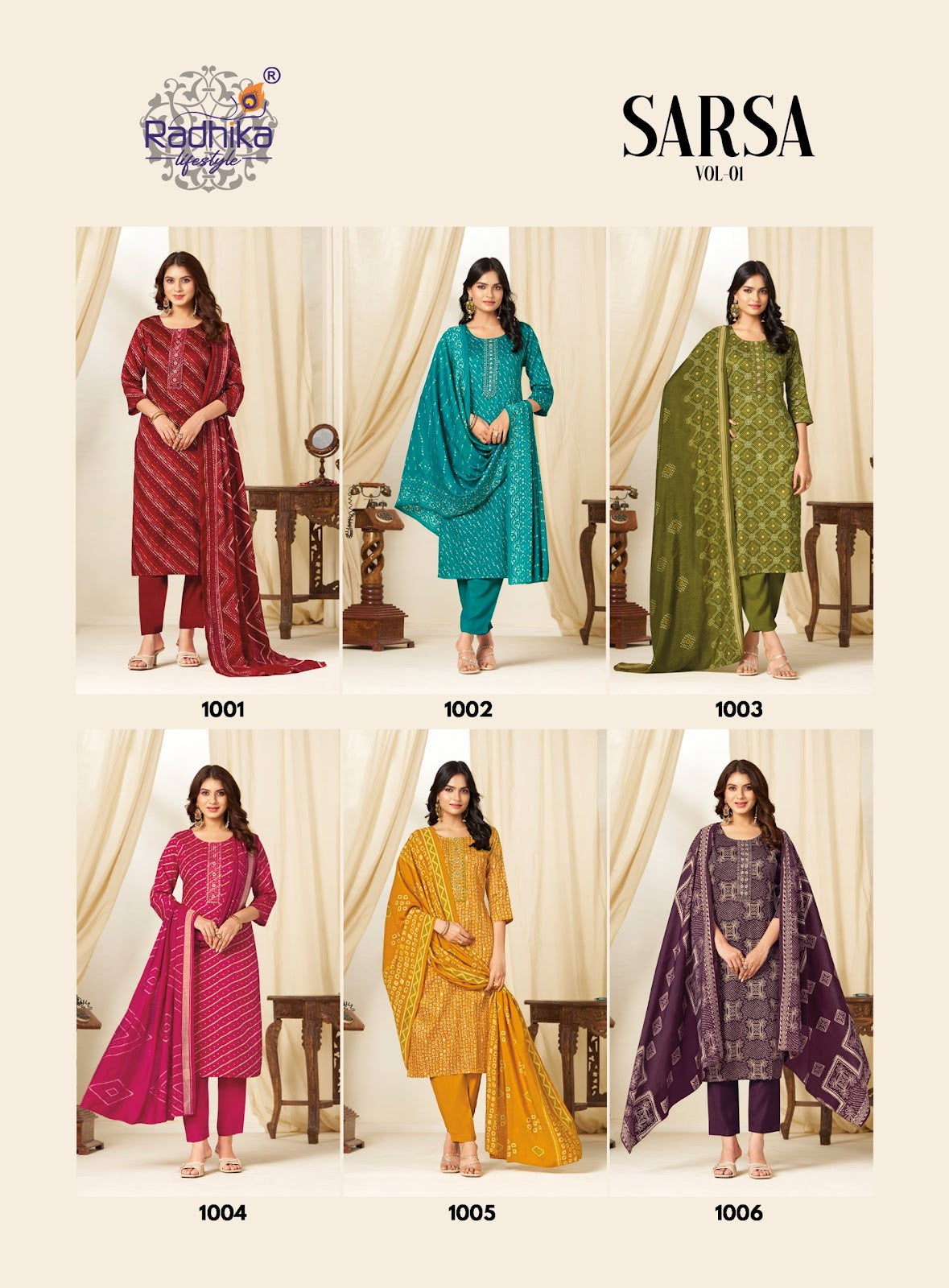 Sarsa Vol 1 Radhika Lifestyle Jaam Satin Readymade Pant Style Suits Exporter