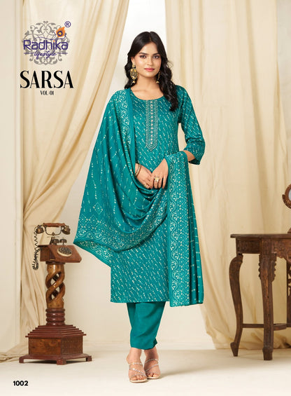 Sarsa Vol 1 Radhika Lifestyle Jaam Satin Readymade Pant Style Suits Exporter