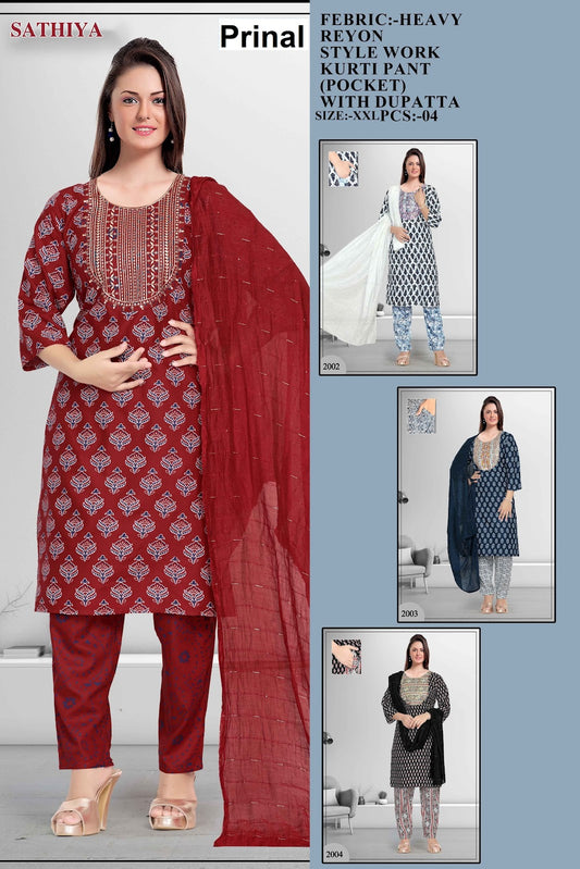 Sathiya Prinal Reyon Readymade Pant Style Suits Wholesaler