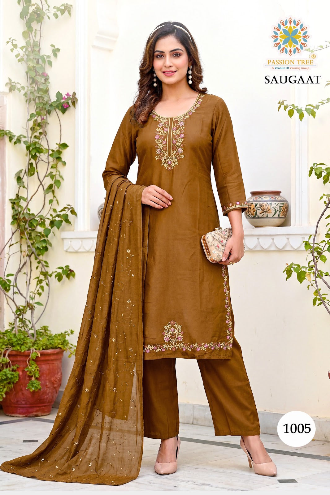 Saugaat Vol 1 Passion Tree Chanderi Readymade Pant Style Suits Supplier