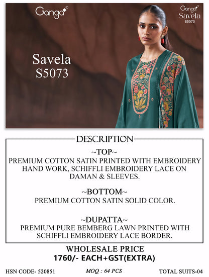 Savela S5073 Ganga Cotton Satin Plazzo Style Suits Manufacturer Ahmedabad