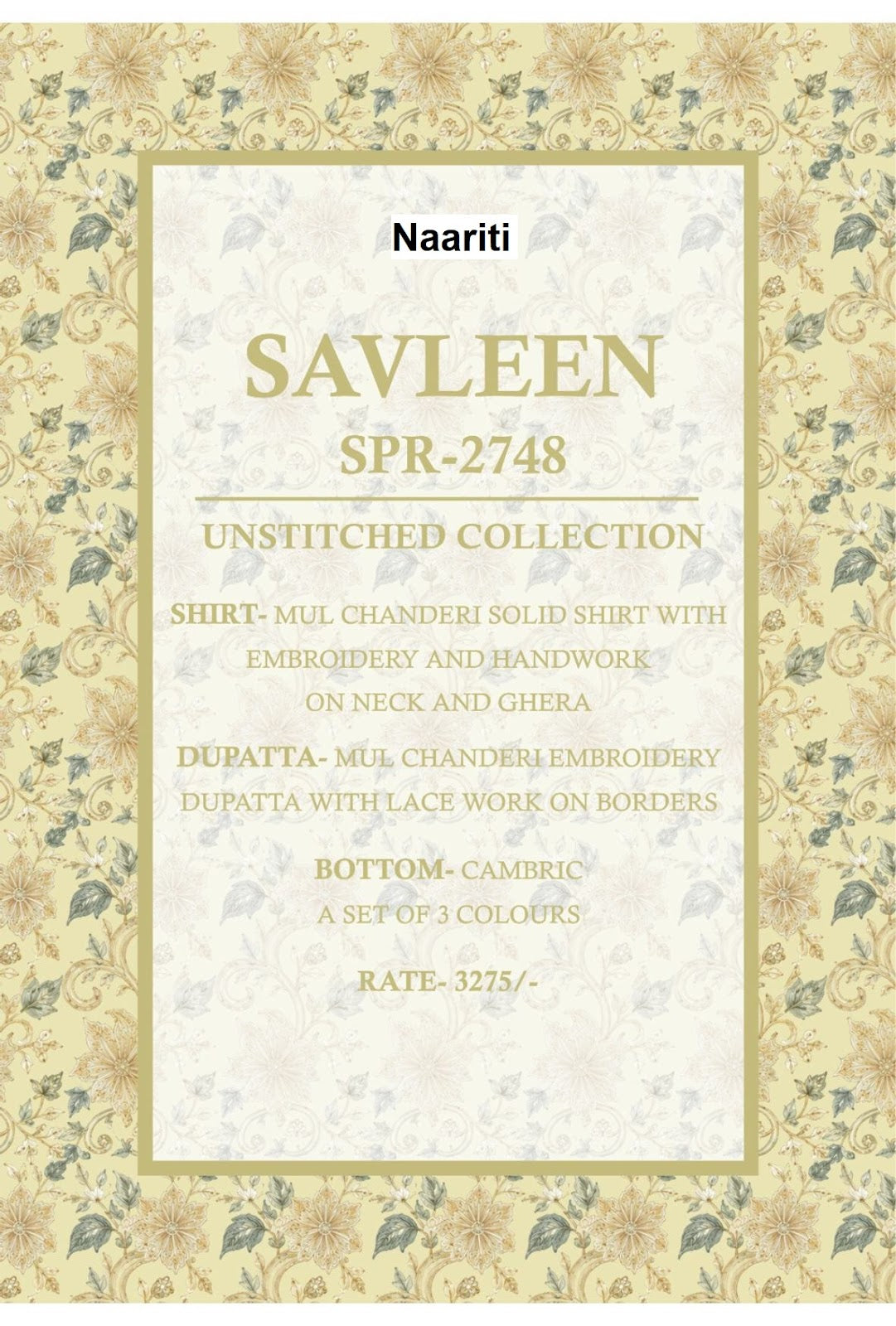 Savleen 2748 Naariti Mul Chanderi Pant Style Suits Exporter