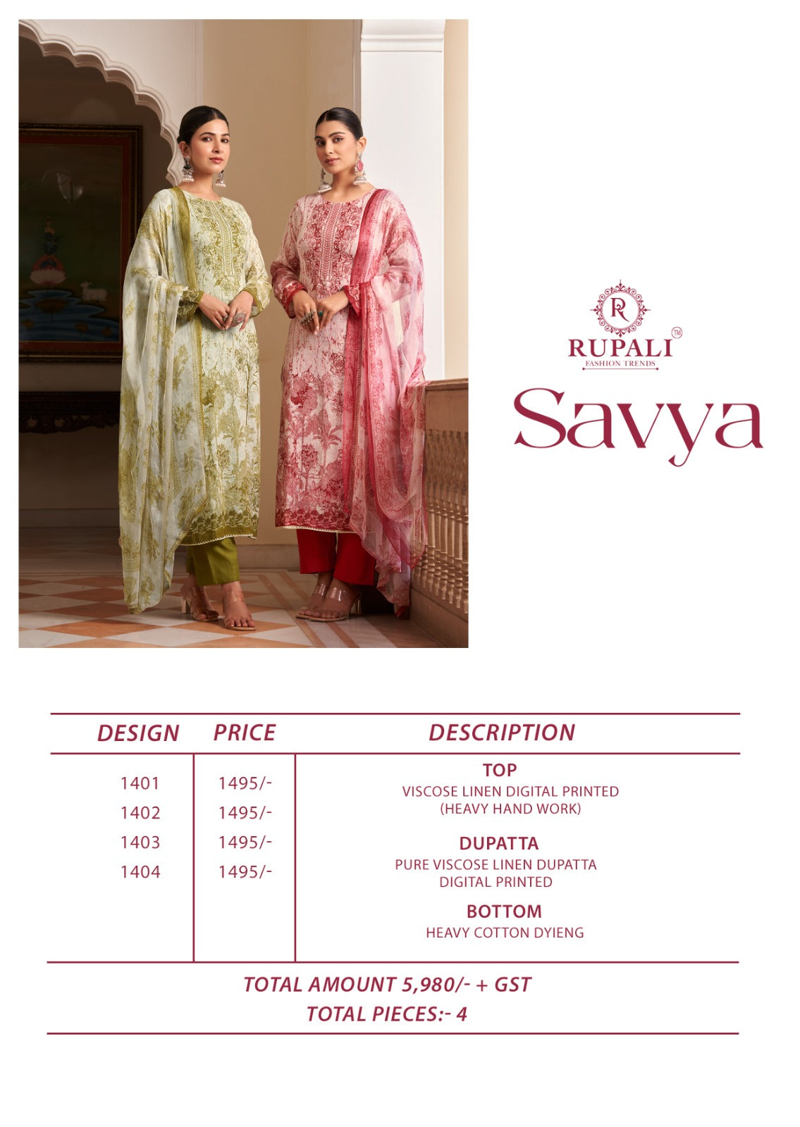 Savya Rupali Viscose Linen Pant Style Suits Wholesaler Ahmedabad