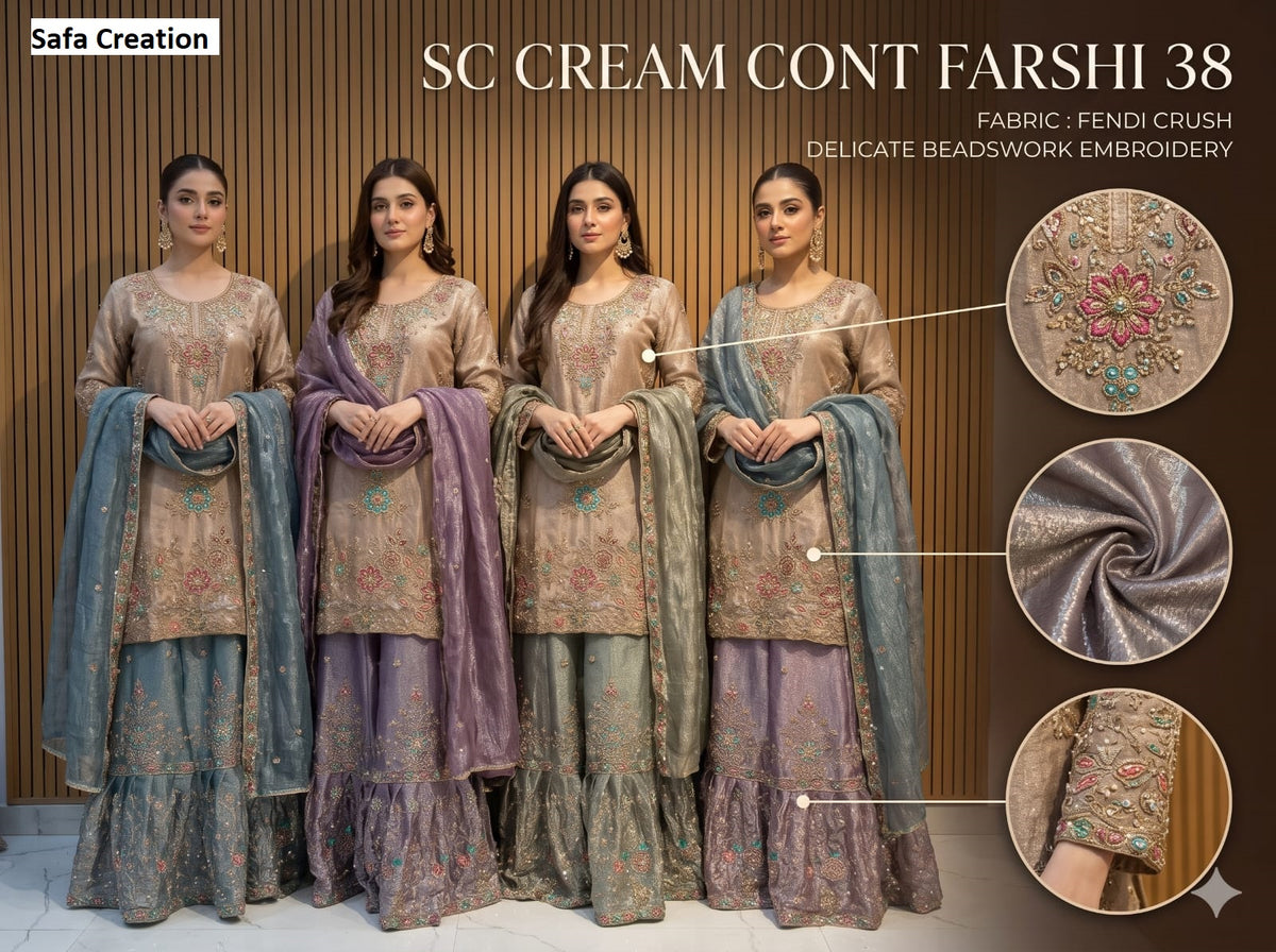 Sc Cream Cont Ghagra 38 Safa Creation Crush Pakistani Readymade Suits Manufacturer