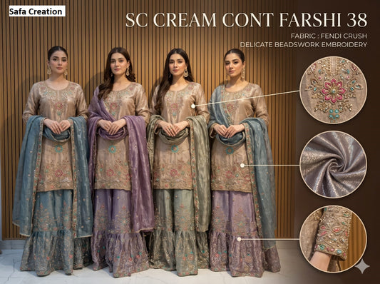 Sc Cream Cont Ghagra 38 Safa Creation Crush Pakistani Readymade Suits Manufacturer