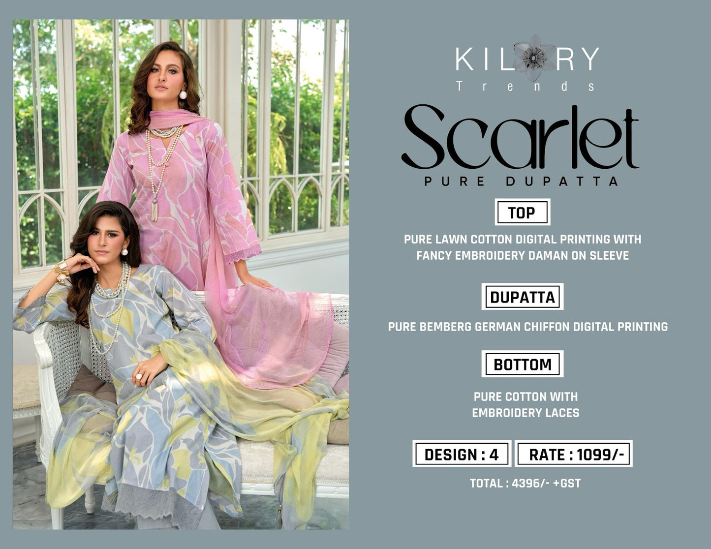 Scarlet Kilory Pure Lawn Pant Style Suits Exporter Gujarat