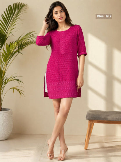 Schiffli 0409 Blue Hills Rayon Short Kurtis Exporter Gujarat