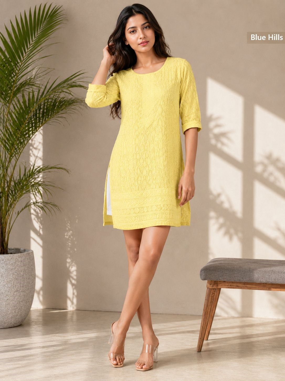 Schiffli 0409 Blue Hills Rayon Short Kurtis Exporter Gujarat