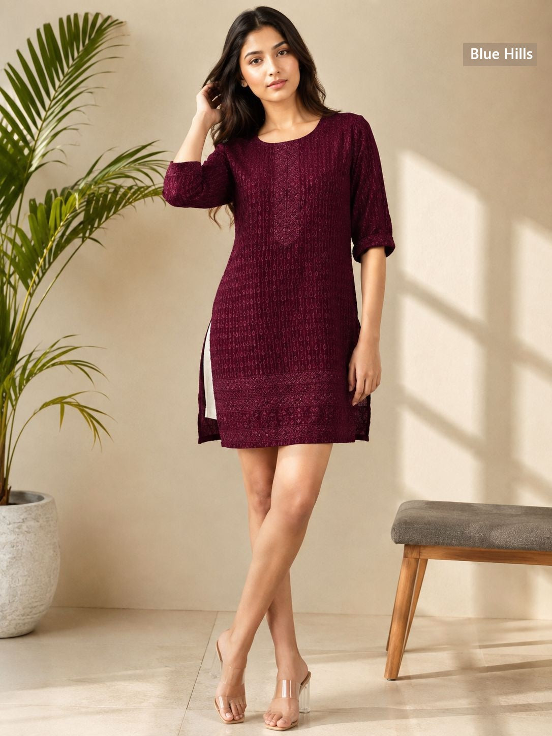 Schiffli 0409 Blue Hills Rayon Short Kurtis Exporter Gujarat