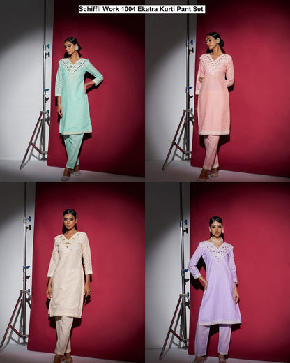 Schiffli Work 1004 Ekatra Cotton Kurti Pant Set Wholesaler Gujarat