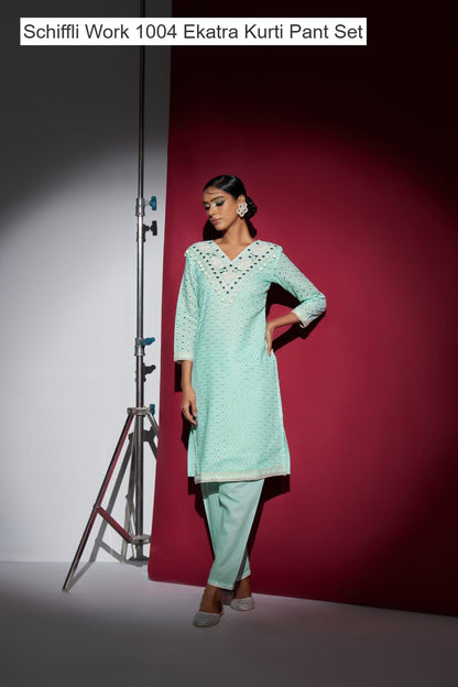 Schiffli Work 1004 Ekatra Cotton Kurti Pant Set Wholesaler Gujarat