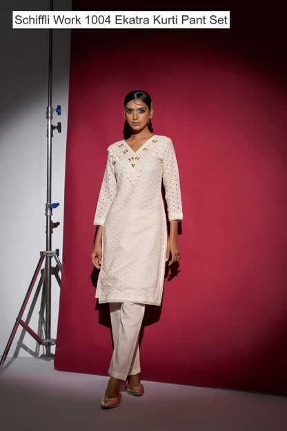 Schiffli Work 1004 Ekatra Cotton Kurti Pant Set Wholesaler Gujarat
