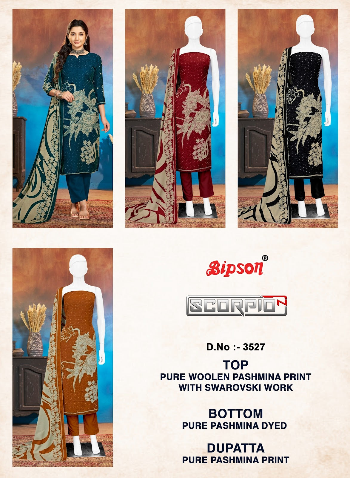 Scorpio 3527 Bipson Prints Woolen Pashmina Suits Exporter India