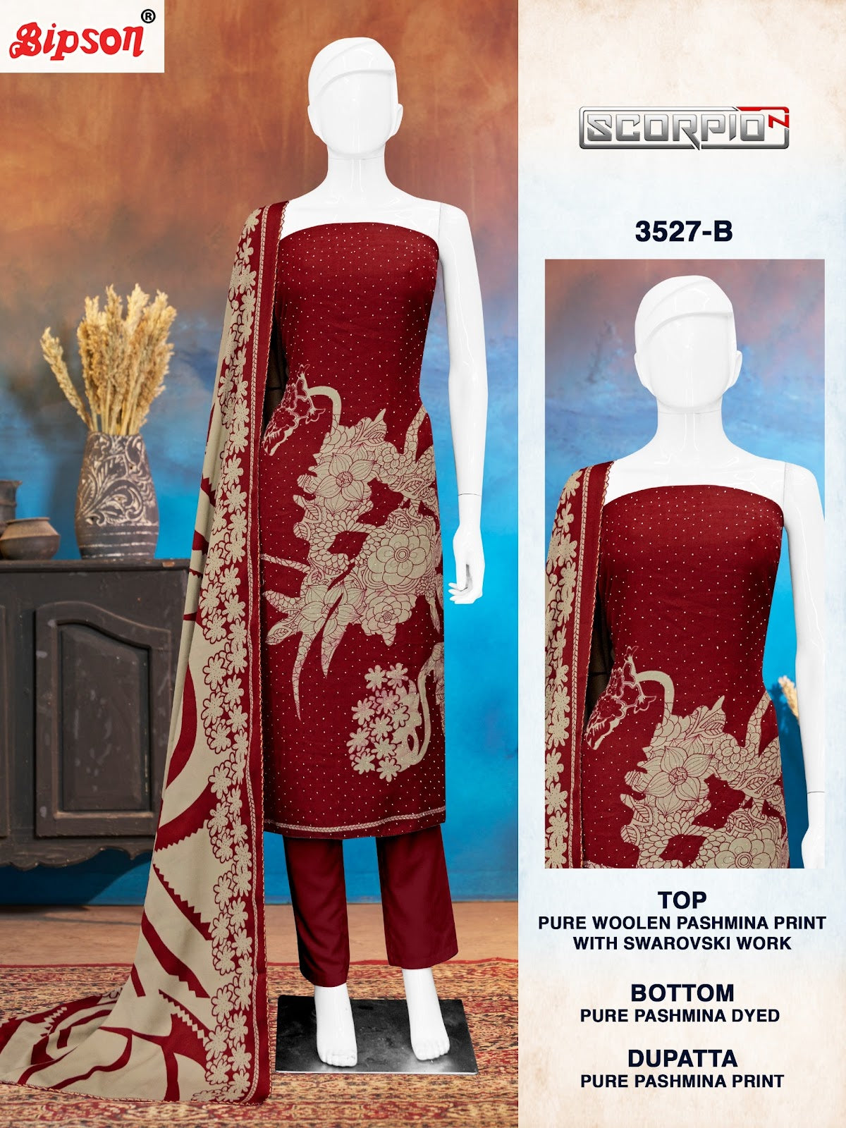 Scorpio 3527 Bipson Prints Woolen Pashmina Suits Exporter India