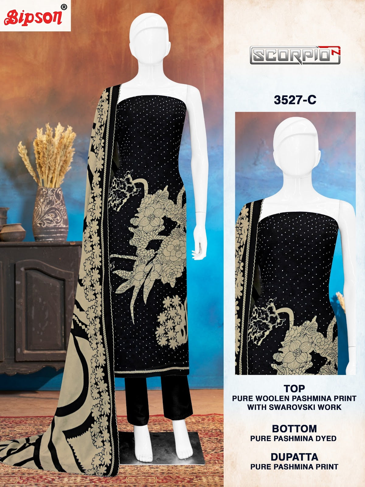 Scorpio 3527 Bipson Prints Woolen Pashmina Suits Exporter India