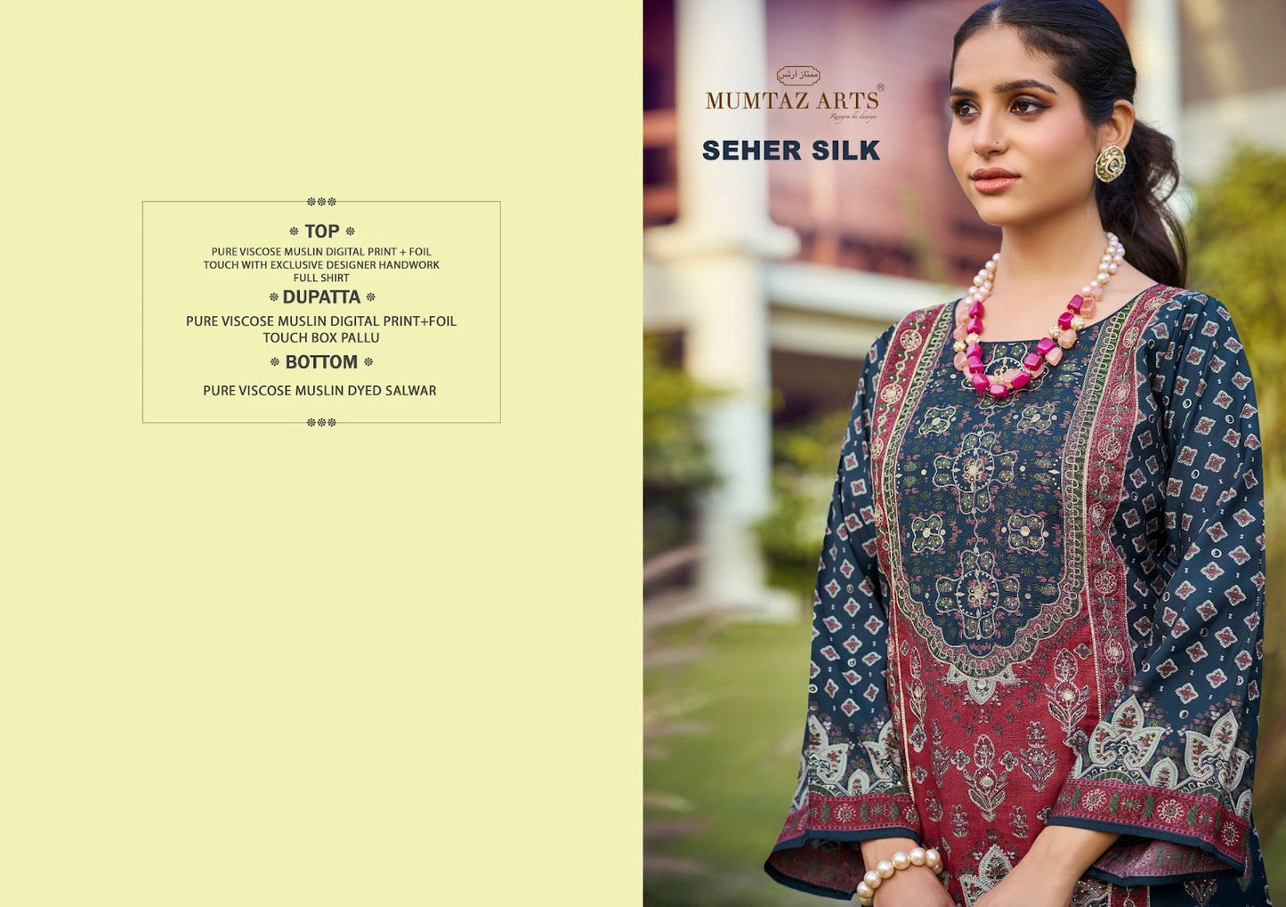 Seher Silk Mumtaz Arts Pure Viscose Muslin Karachi Salwar Suits Supplier India