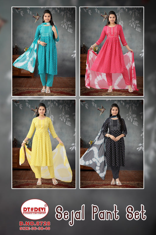 Sejal 8728 Dt Devi Rayon Readymade Pant Style Suits Exporter Ahmedabad