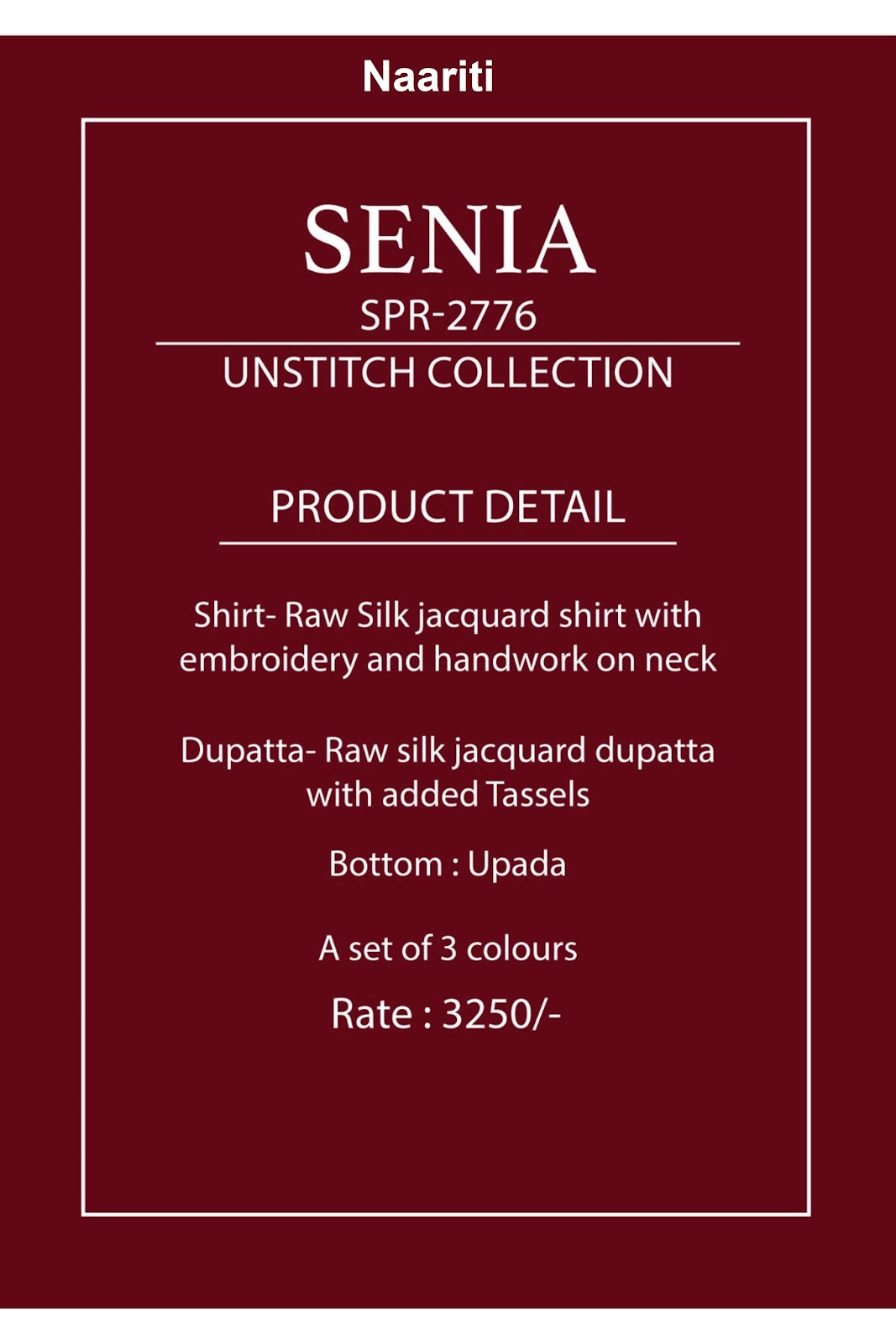 Senia 2776 Naariti Raw Silk Pant Style Suits Supplier India