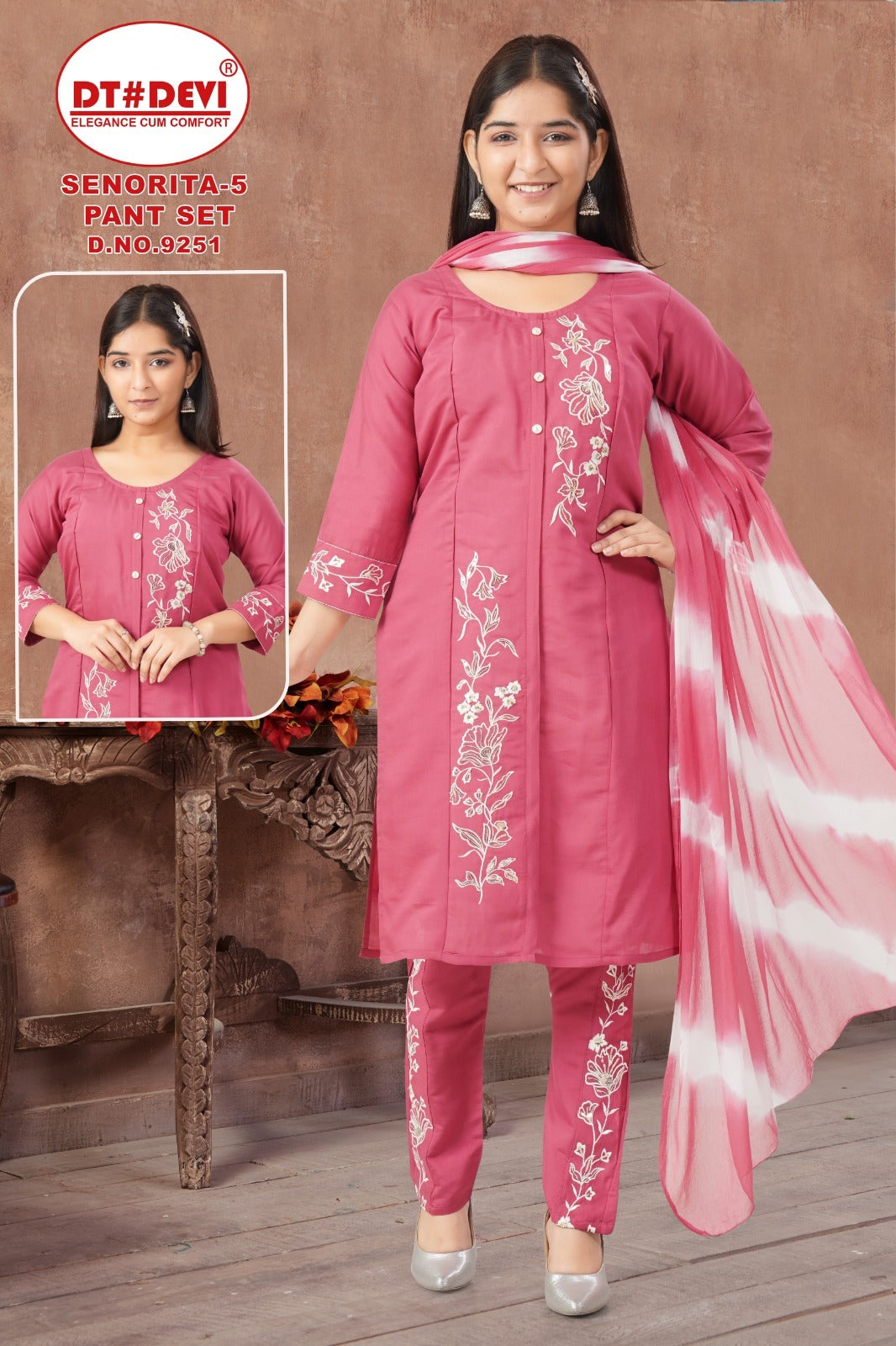 Senorita 5 Dn 9251 Dt Devi Roman Silk Girls Readymade Pant Suits Exporter Gujarat