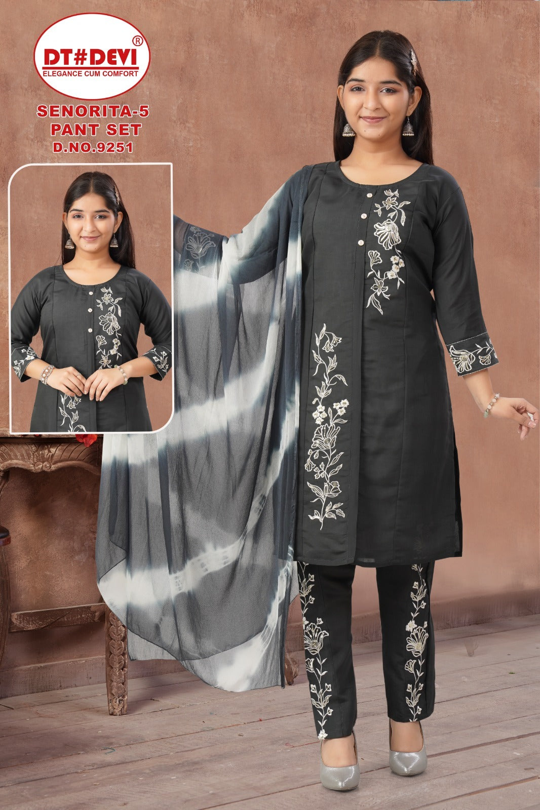 Senorita 5 Dn 9251 Dt Devi Roman Silk Girls Readymade Pant Suits Exporter Gujarat