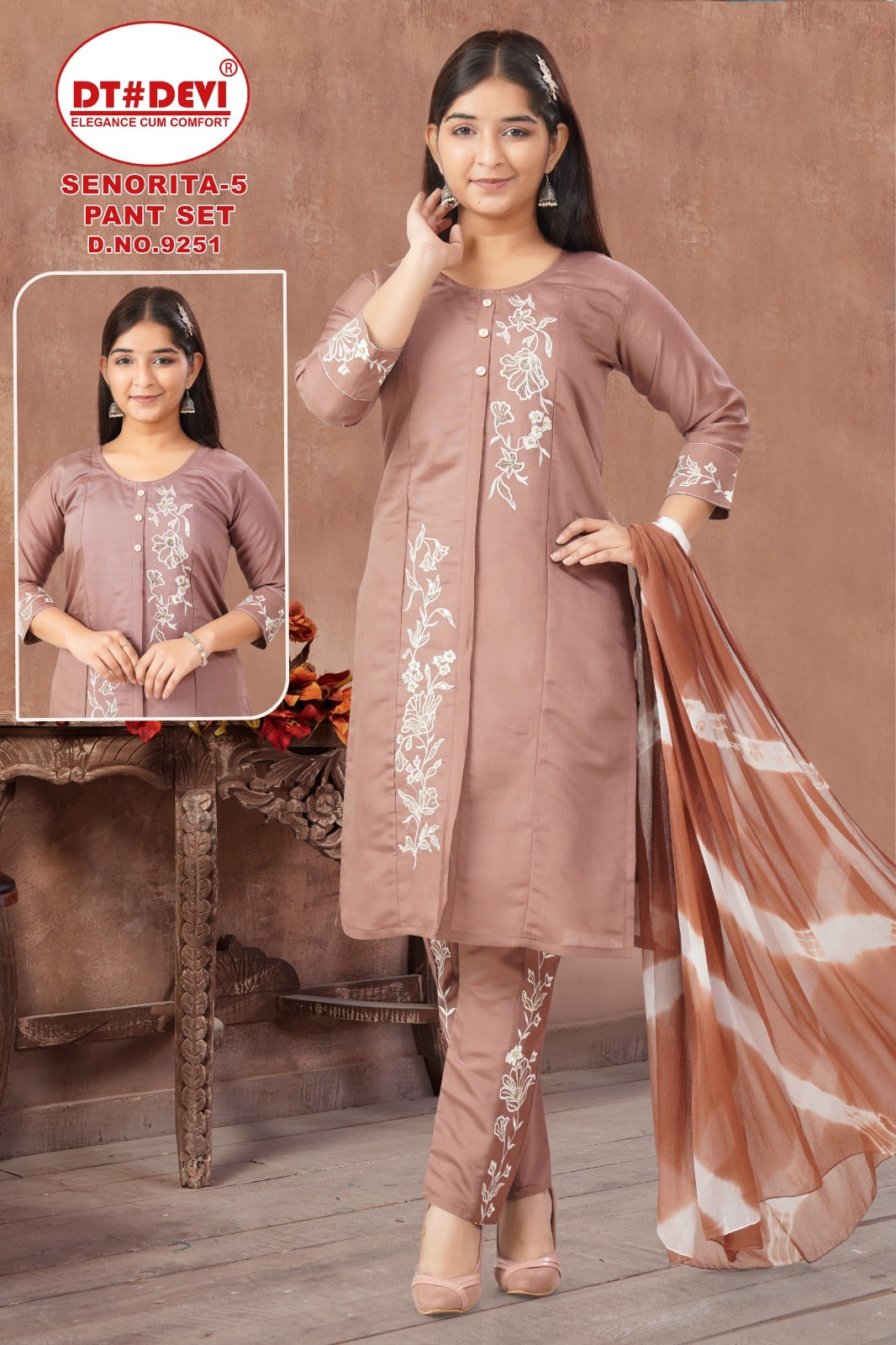 Senorita 5 Dn 9251 Dt Devi Roman Silk Girls Readymade Pant Suits Exporter Gujarat