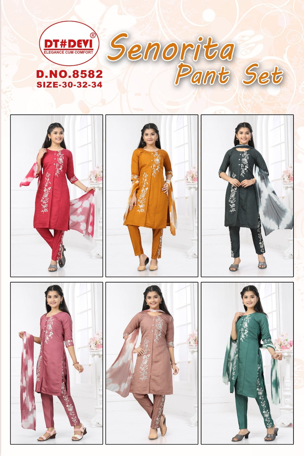 Senorita 8582 Dt Devi Roman Silk Girls Readymade Pant Suits Supplier