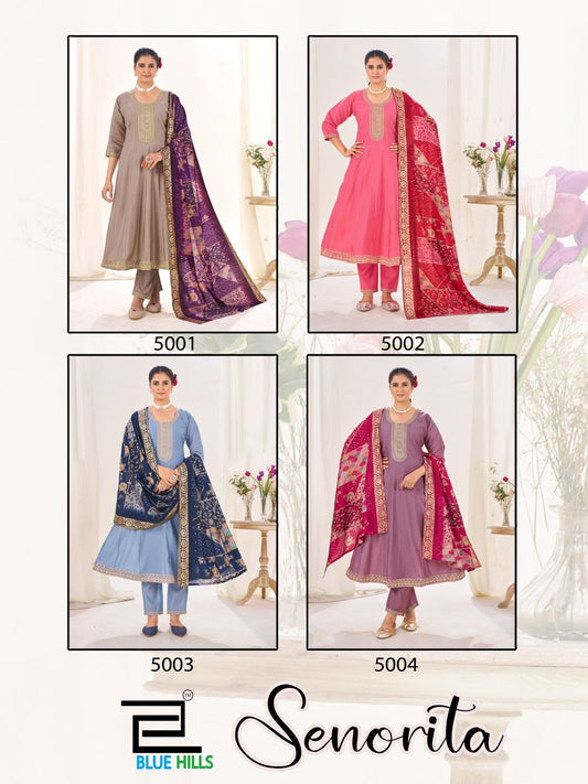 Senorita Blue Hills Roman Silk Readymade Anarkali Suits Exporter India