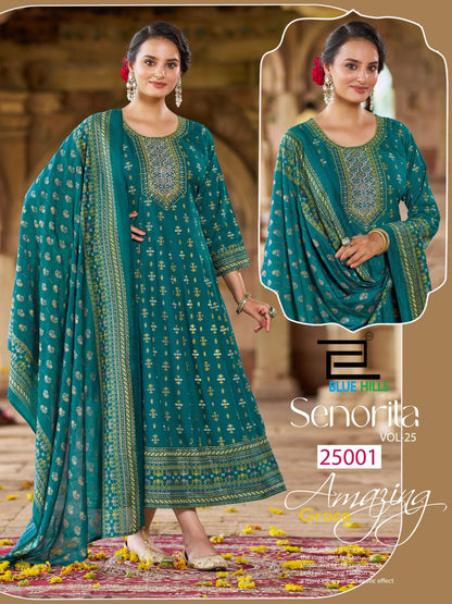 Senorita Vol 25 Blue Hills Rayon 14Kg Kurti Dupatta Set Wholesaler India
