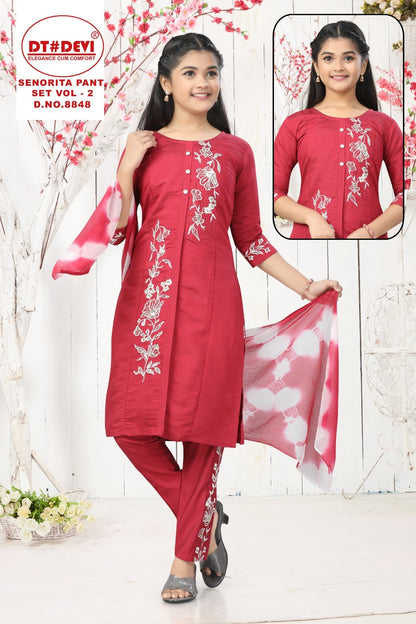 Senorita Vol 2 8848 Dt Devi Roman Silk Girls Readymade Pant Suits Wholesaler