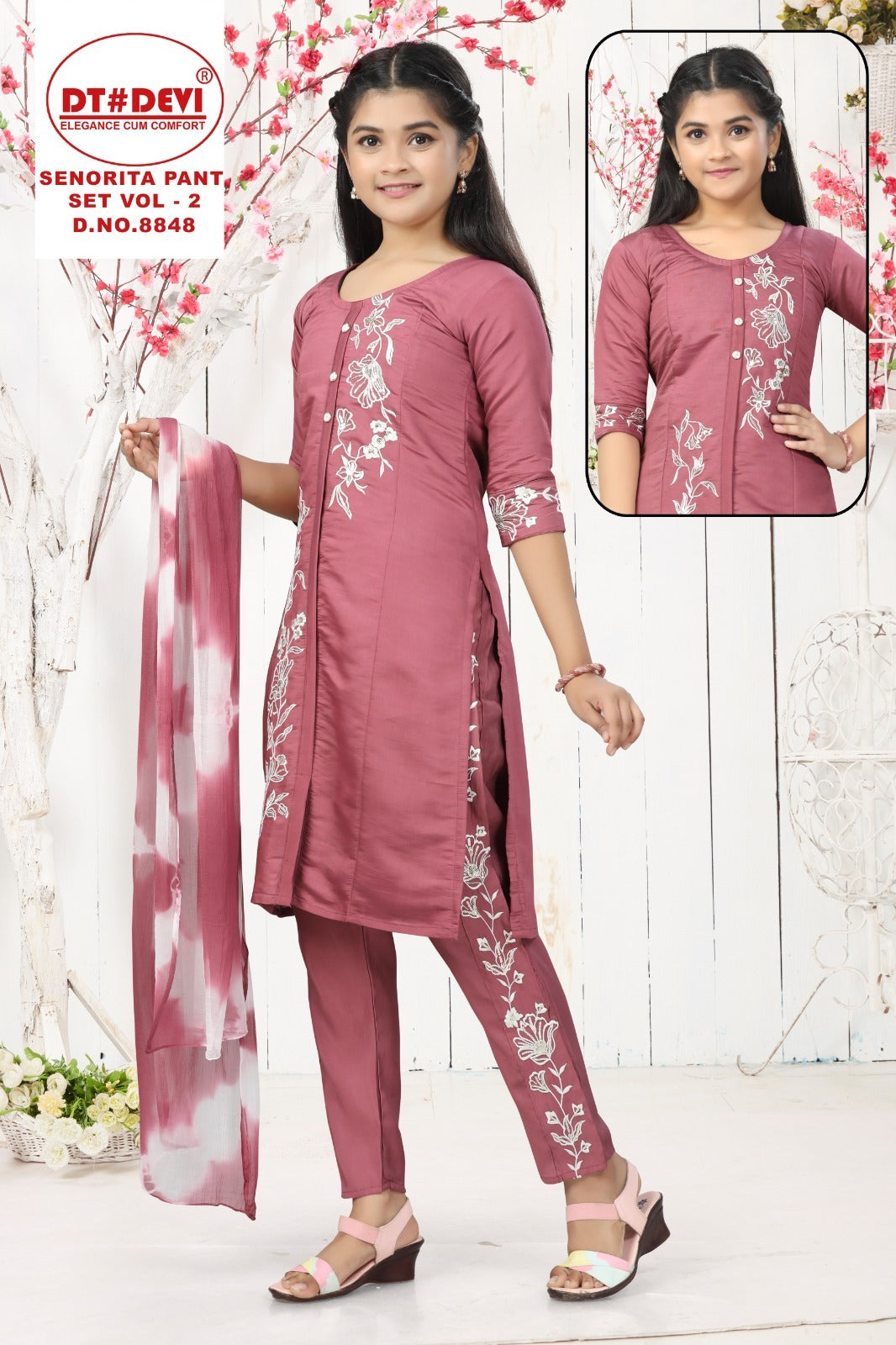 Senorita Vol 2 8848 Dt Devi Roman Silk Girls Readymade Pant Suits Wholesaler