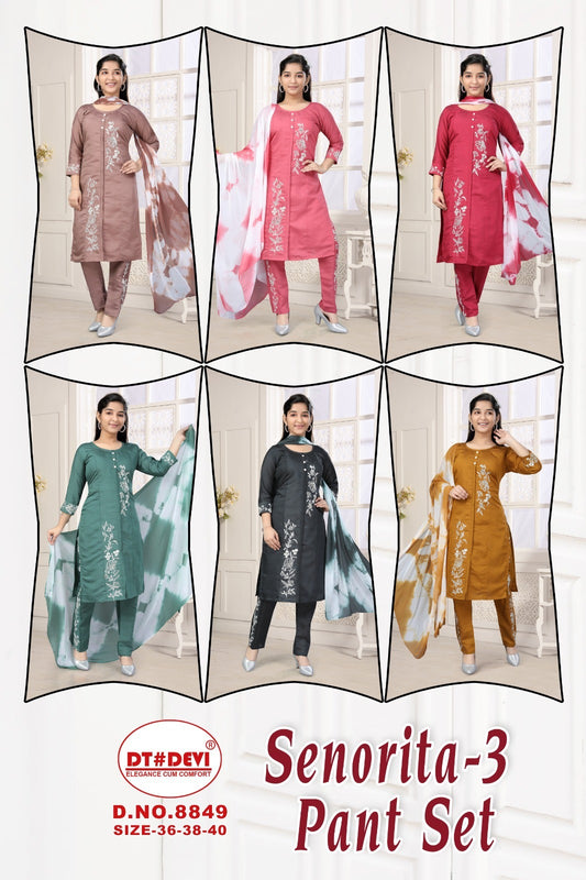Senorita Vol 3 8849 Dt Devi Roman Silk Girls Readymade Pant Suits Wholesale Rate